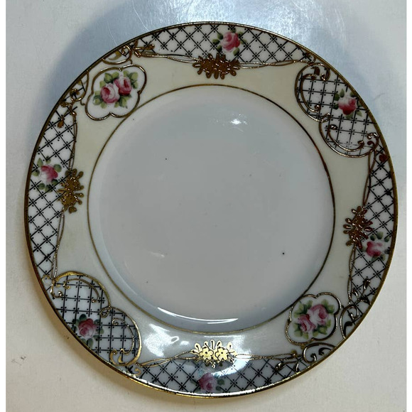 VTG Nippon Hand Painted 6.5" Pink Roses Raised Gold Accent Trim Dessert Plate - Picture 1 of 4